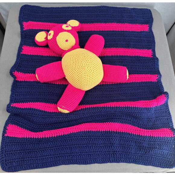 Hand Crochet Teddy Bear Plush Blanket Set Stuffed Animal Afghan Pink Blue Retro - Picture 2 of 16